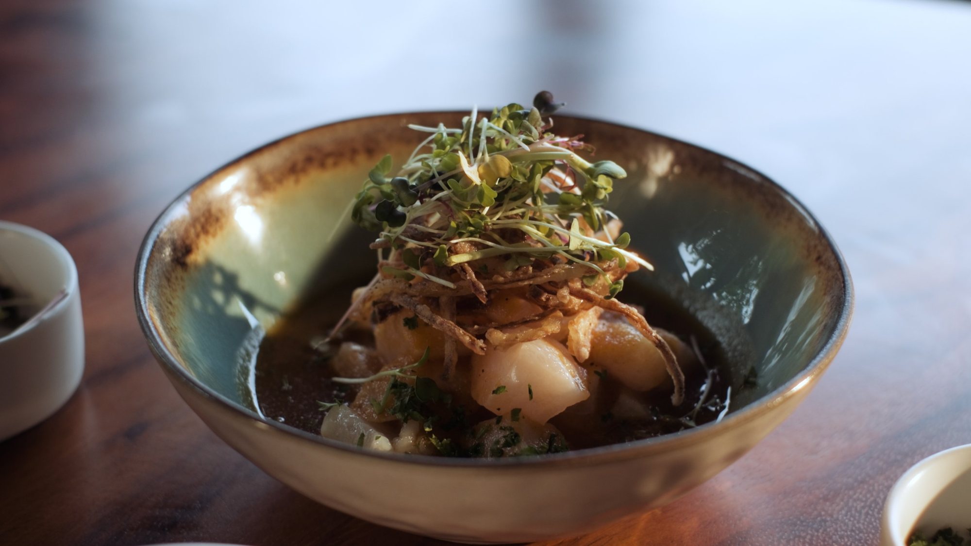 Fire-roasted bell pepper ceviche with crispy onion